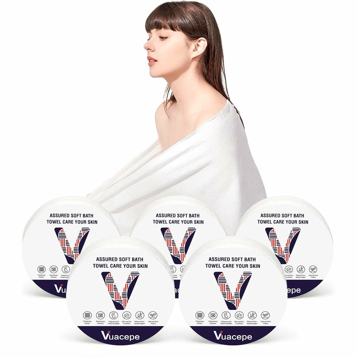 vuacepe Disposable Compressed Bath Towels Cotton Soft 27.5x55.1in 5 Pack