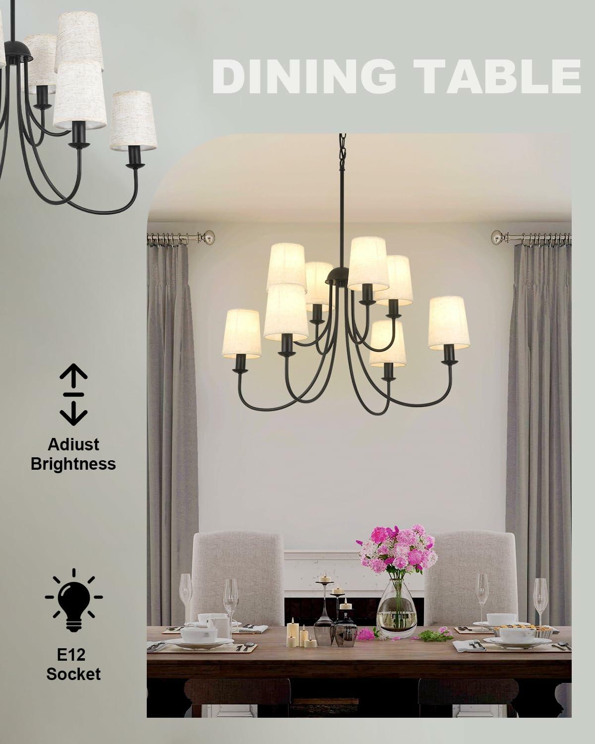 Mieloxiy 8 Light Modern Black Metal Linen Chandelier E12 Bulbs Not Included