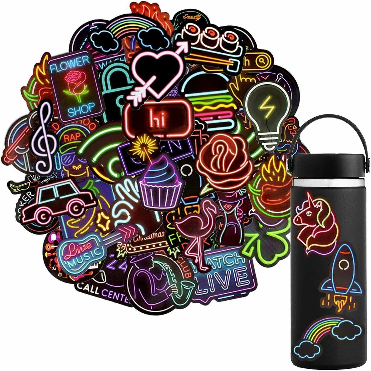 Neon Waterproof Vinyl Stickers Pack 50pcs Multicolor for Laptop Water Bottle