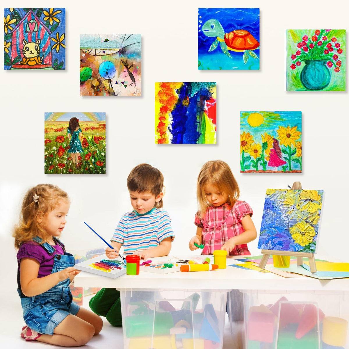 12PCS Mini Canvas and Easel Set 4x4in Cotton Canvases Small Art Stand