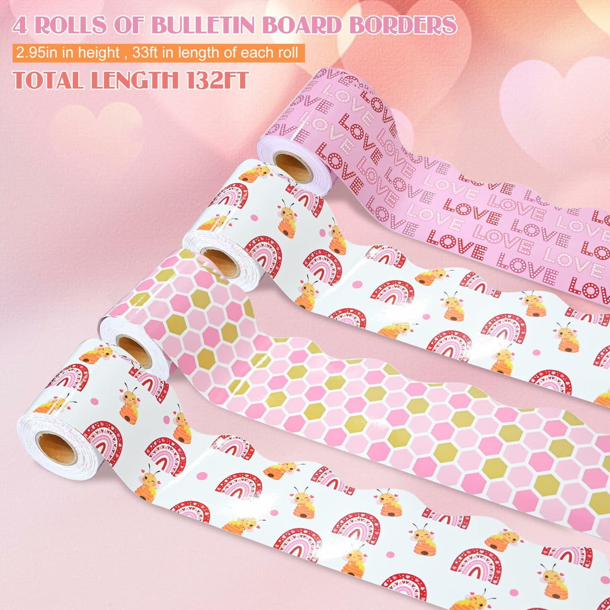 4 Rolls Valentine’s Day Bulletin Board Borders 131Ft Pink Bee Mine Trim