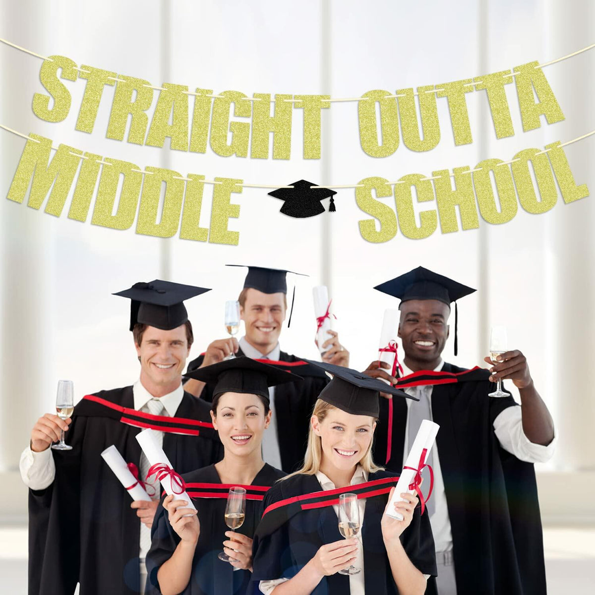 Straight Outta Middle School Banner Glittery Congrats Grad Gold Black