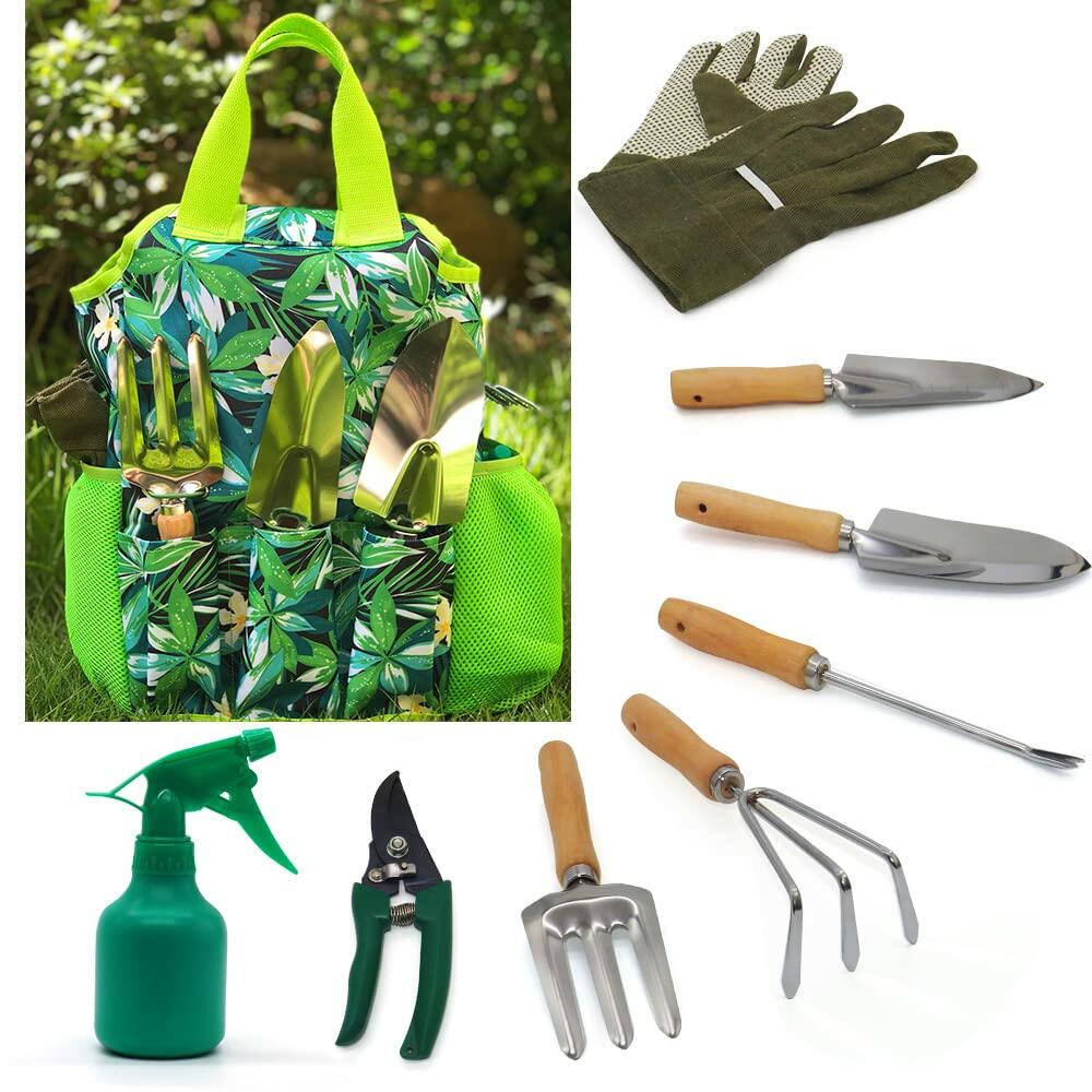 9-Piece Garden Tools Set with Gloves and Colorful Tote - Gardening Kit