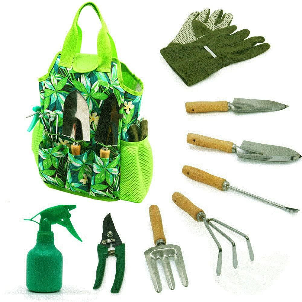 9-Piece Garden Tools Set with Gloves and Colorful Tote - Gardening Kit