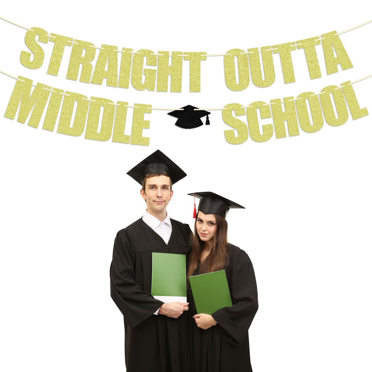 Straight Outta Middle School Banner Glittery Congrats Grad Gold Black