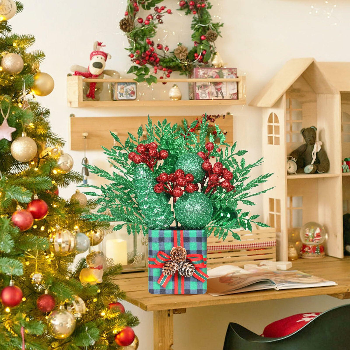 [Like New] Super Holiday Buffalo Check Plaid Green Glitter Mini Christmas Tree Small