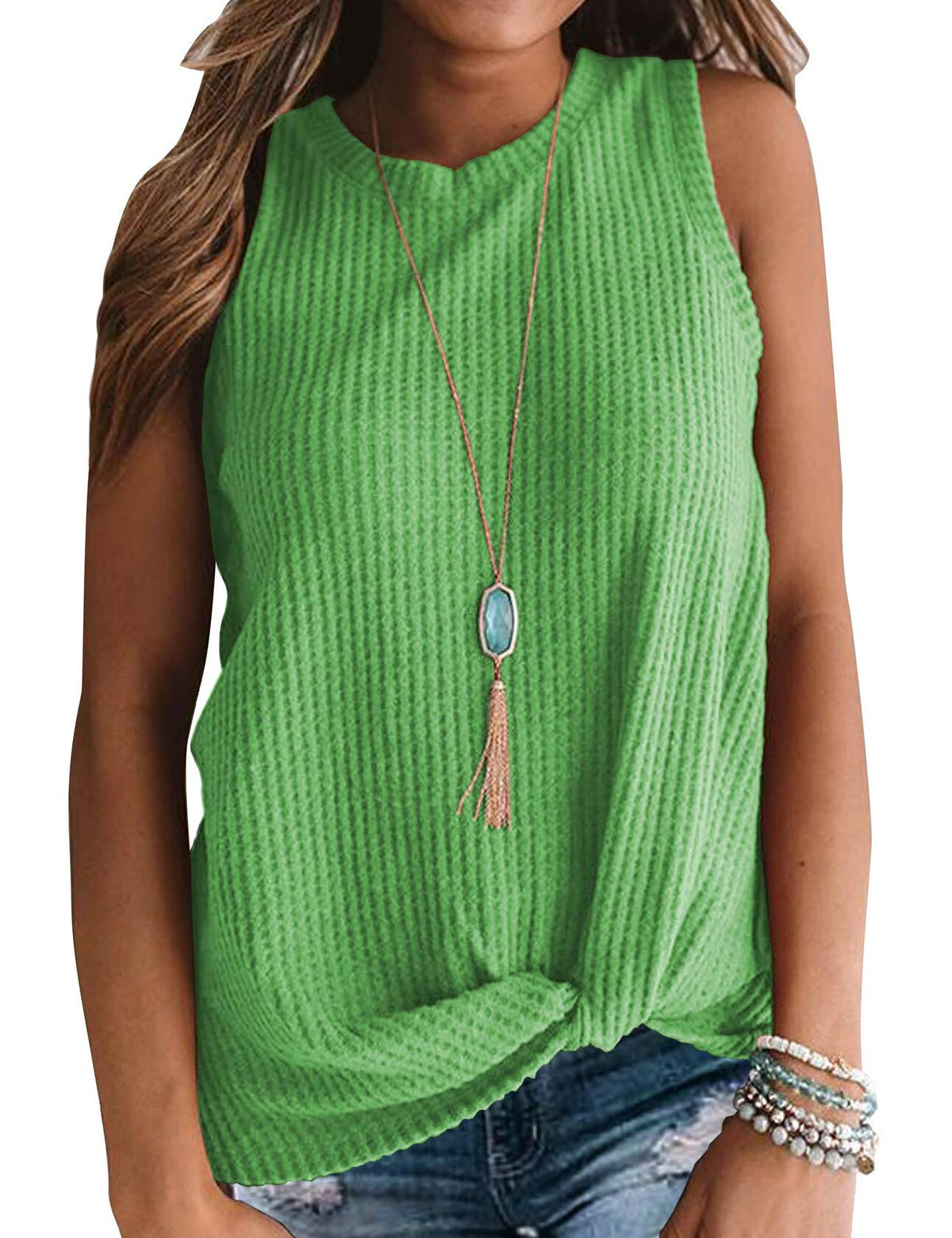 MIHOLL Womens Sleeveless Twist Knot Waffle Knit Tank Top Green Size XX-Large