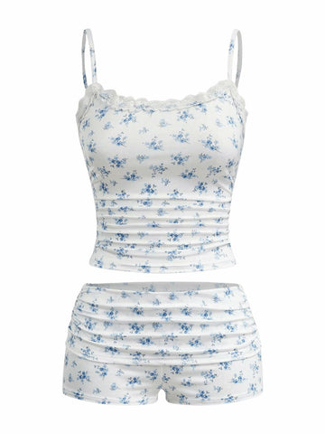 RoseSeek Women's Floral Print Ruched Lace Cami Crop Top & Shorts Set White Size
