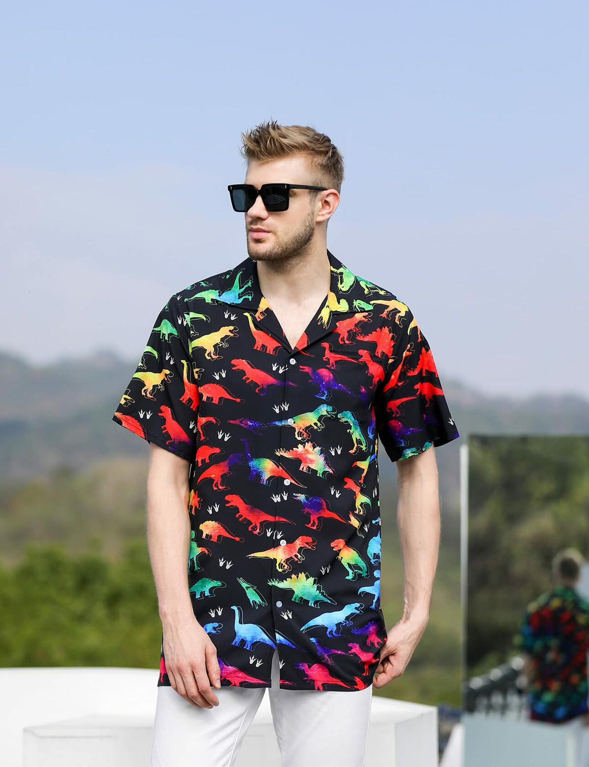 GADZILLE Mens Dinosaur Tie Dye Button Down Shirt Rainbow Size XXXL