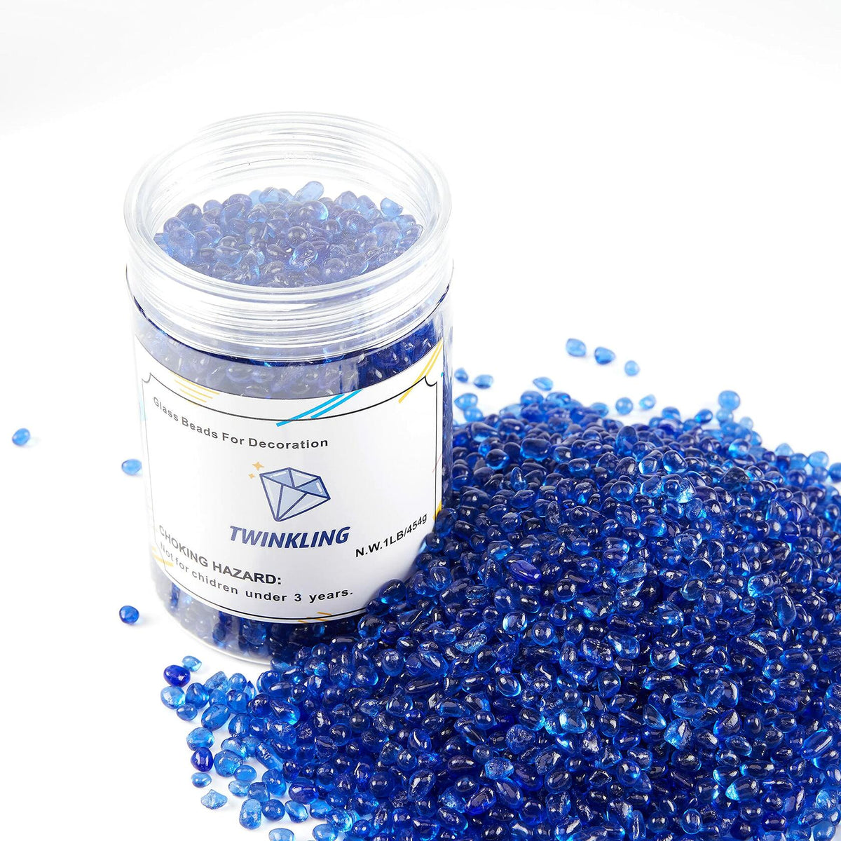 TWINKLING Fire Glass Stones 3-6mm 1lb Jar Cobalt Blue High Luster