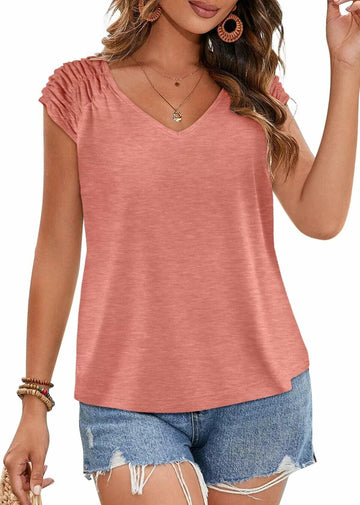 Bliwov Womens Cute Summer V Neck Short Sleeve Casual T Shirt Pink