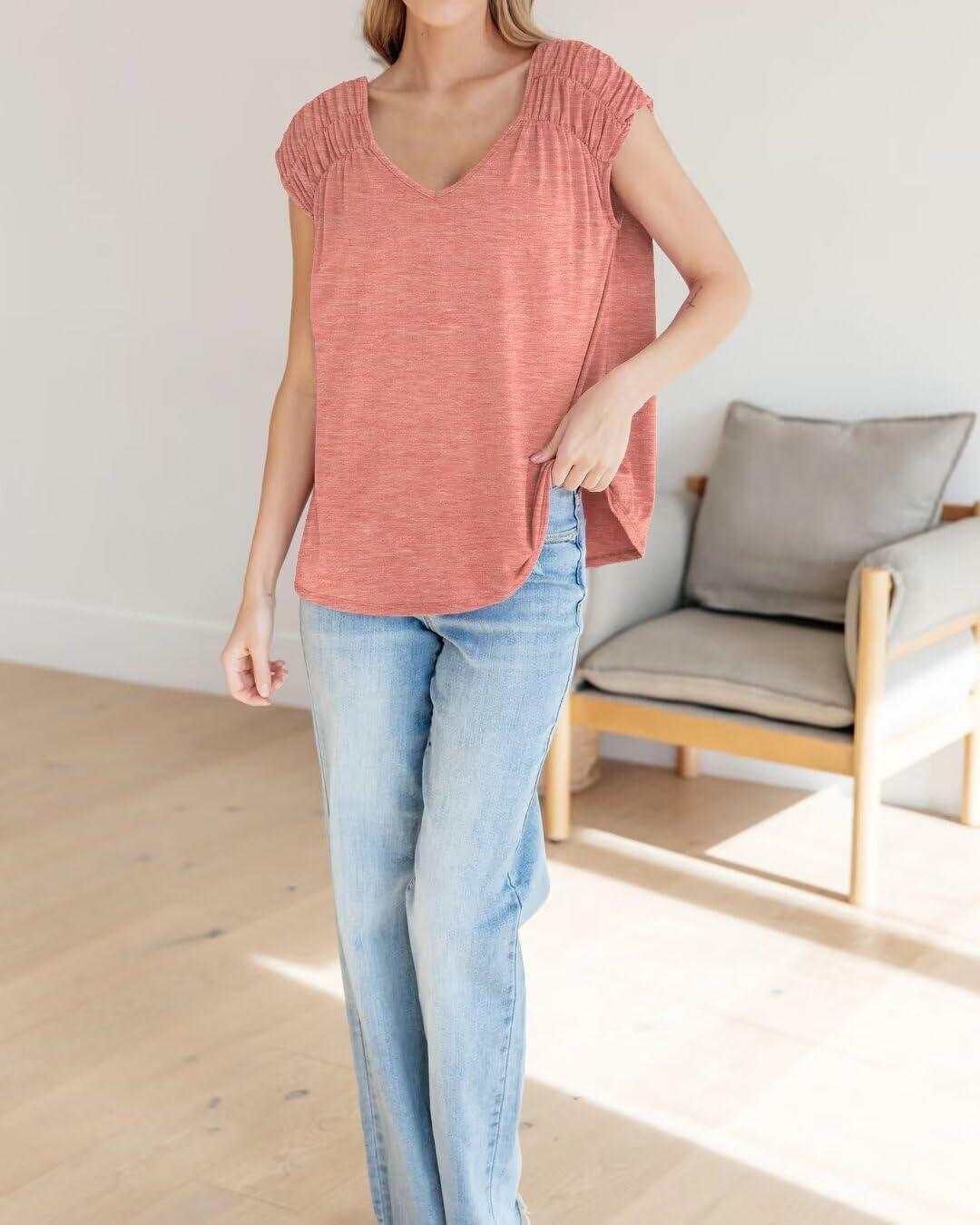 Bliwov Womens Cute Summer V Neck Short Sleeve Casual T Shirt Pink