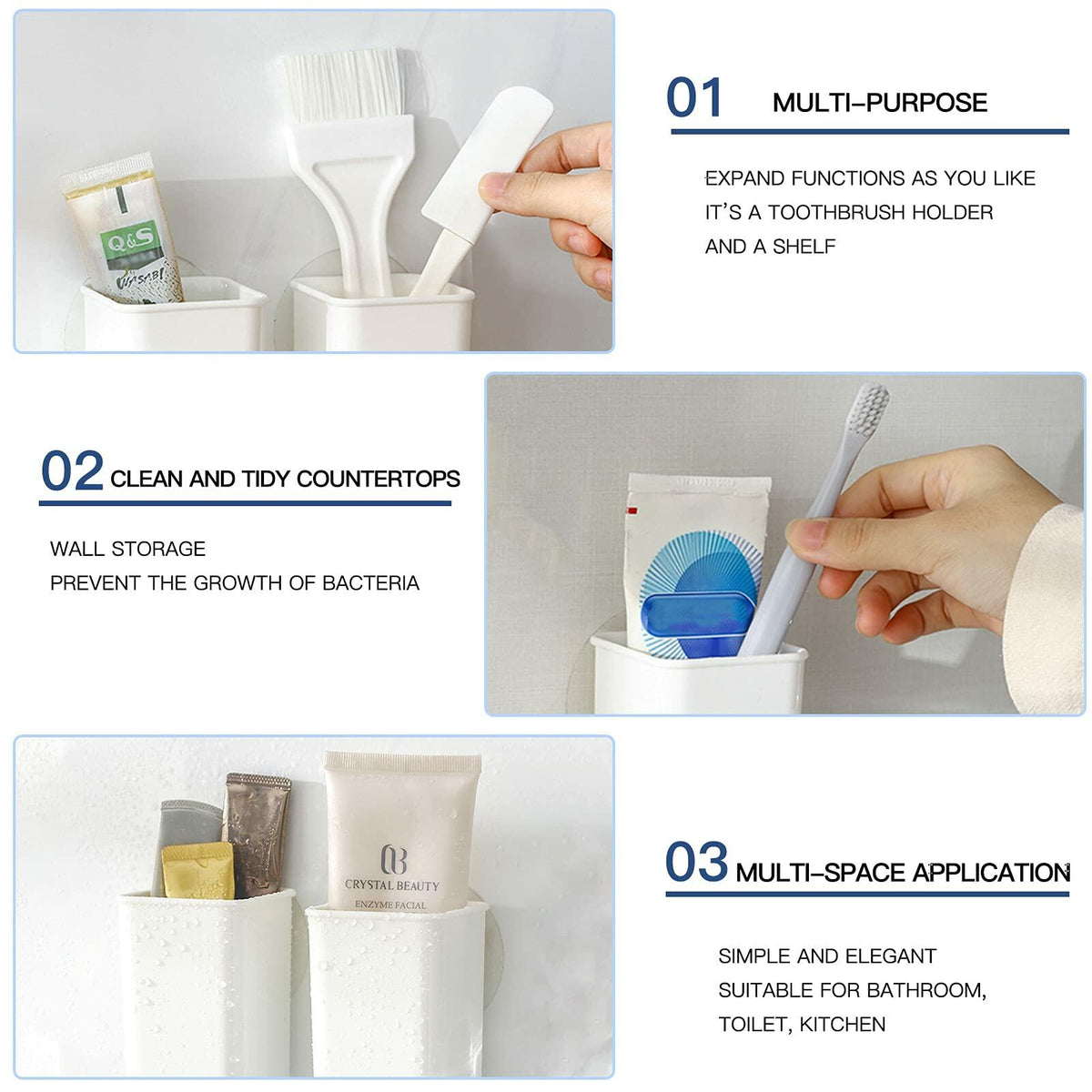ORIJOYNA 2 Pack Wall Mounted Self-Adhesive Toothbrush Holder White