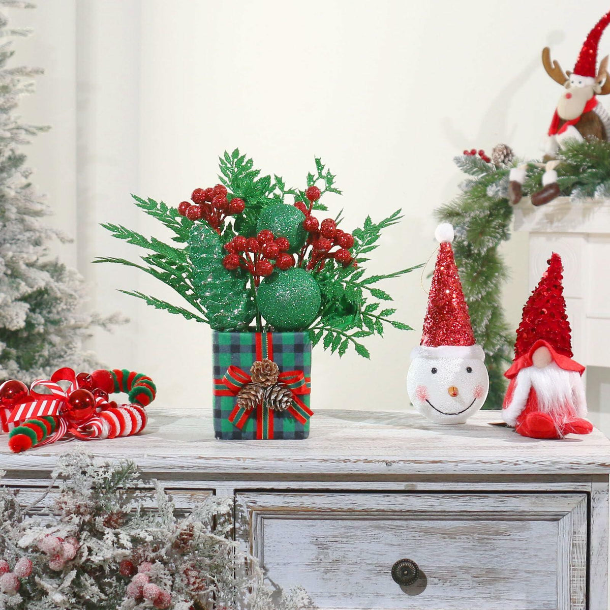[Like New] Super Holiday Buffalo Check Plaid Green Glitter Mini Christmas Tree Small