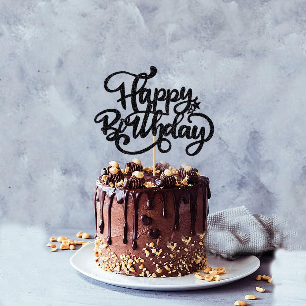Crseniny Happy Birthday Cake Topper Black Glitter Party Decoration