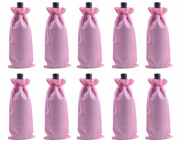 Viamto 10pcs Pink Burlap Wine Bags Drawstring Lining 15x35cm Gift Pouches