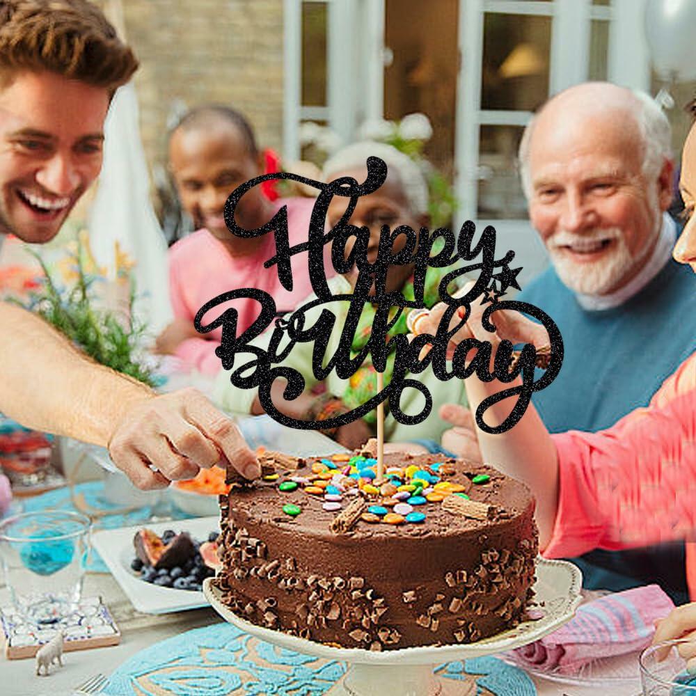 Crseniny Happy Birthday Cake Topper Black Glitter Party Decoration