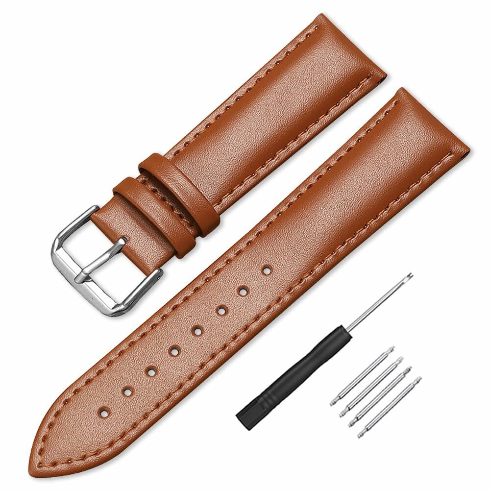 Narako Genuine Calf Leather Watch Band Stainless Steel Buckle 24mm Light Brown