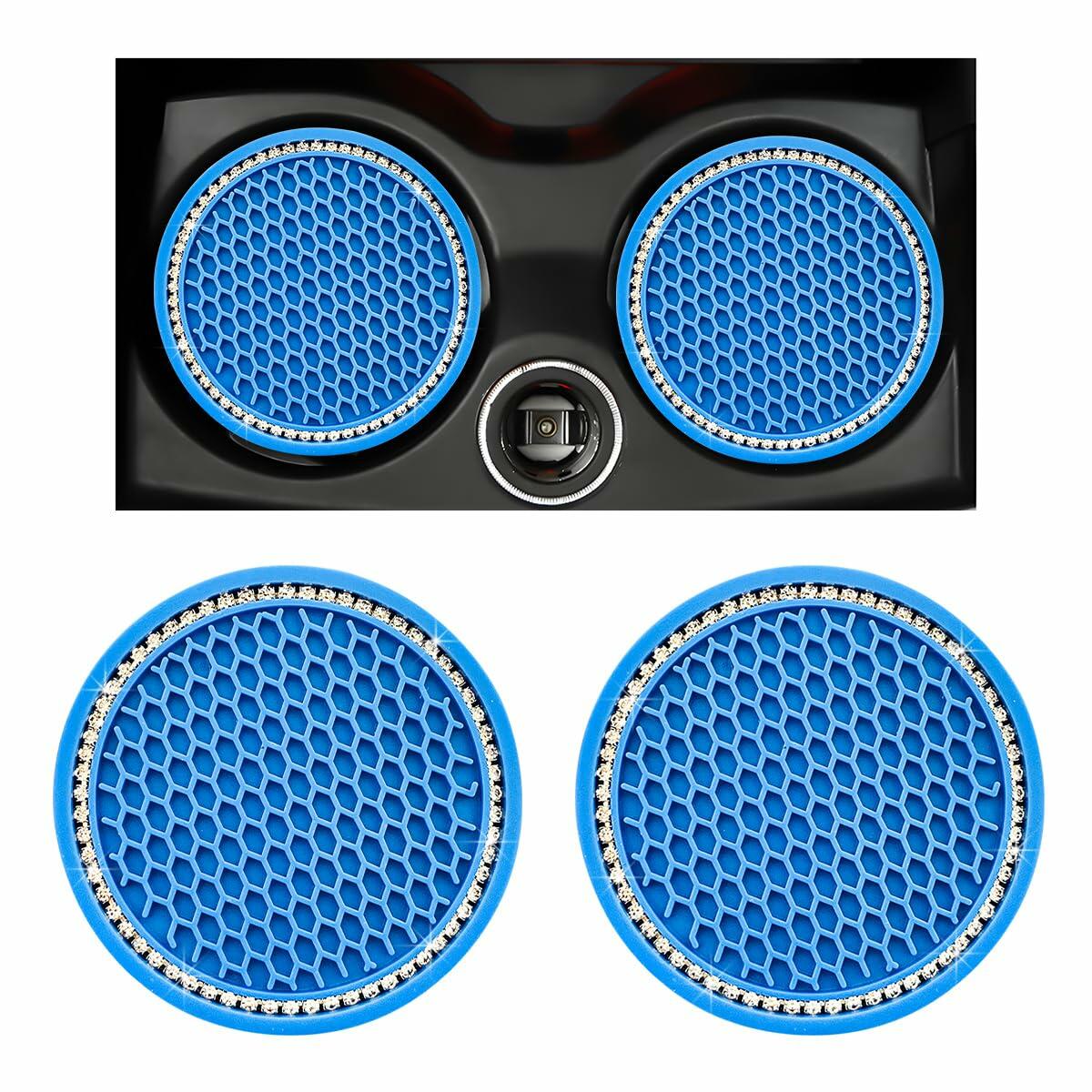 Ohleats 2PCS Car Cup Coaster 2.75" Crystal Rhinestone Silicone Light Blue White