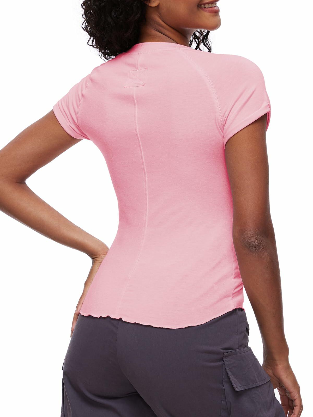 Womens Tops Short Sleeve T Shirts Round Neck Summer Fashion Clothes Y2K Pink L