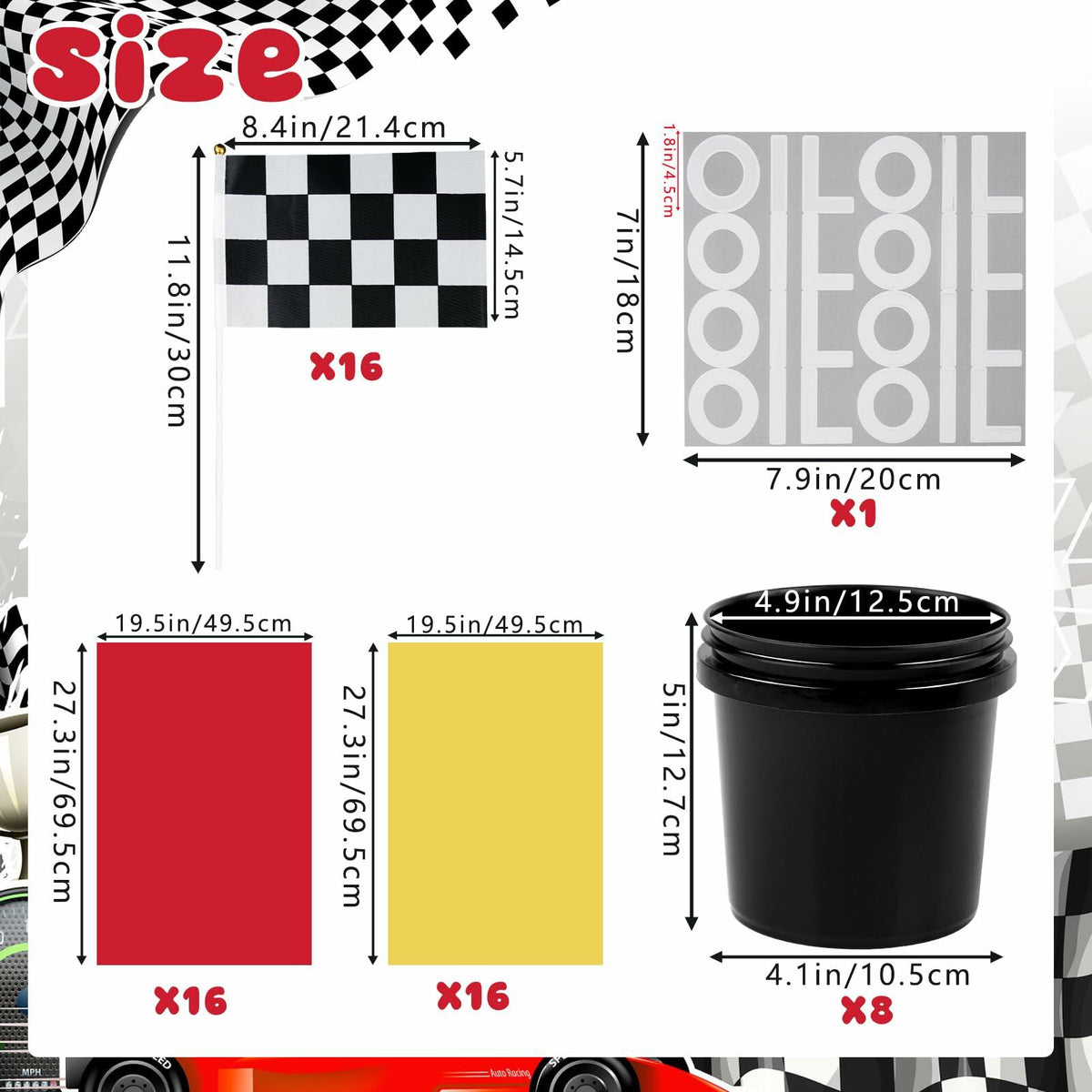 [Like New] HFYZZ Racing Table Centerpieces Set of 8 with Flags Buckets Stickers