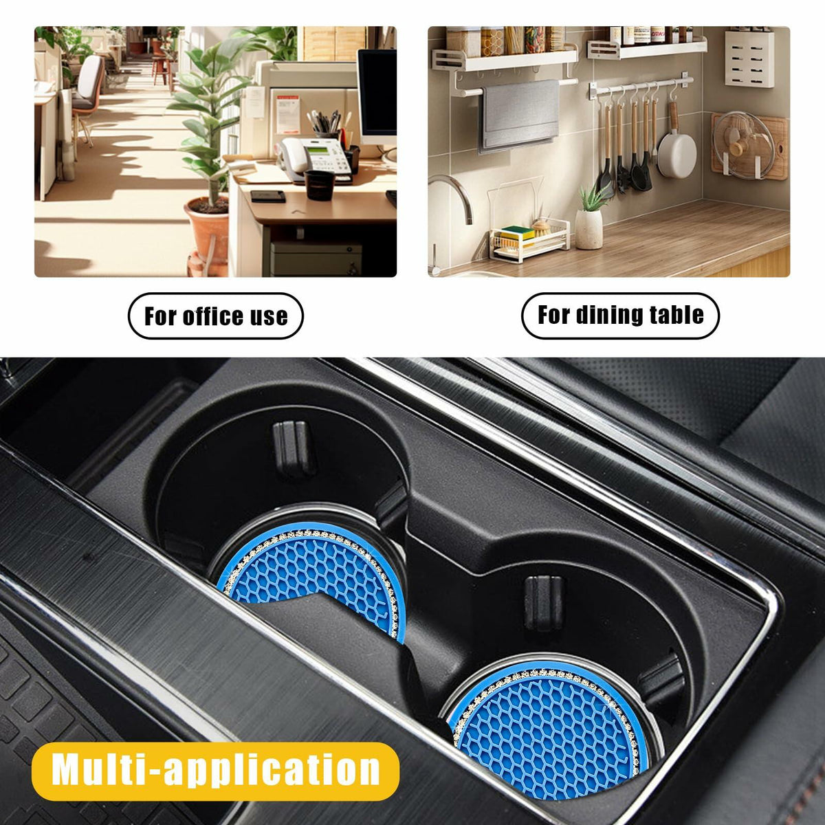 Ohleats 2PCS Car Cup Coaster 2.75" Crystal Rhinestone Silicone Light Blue White