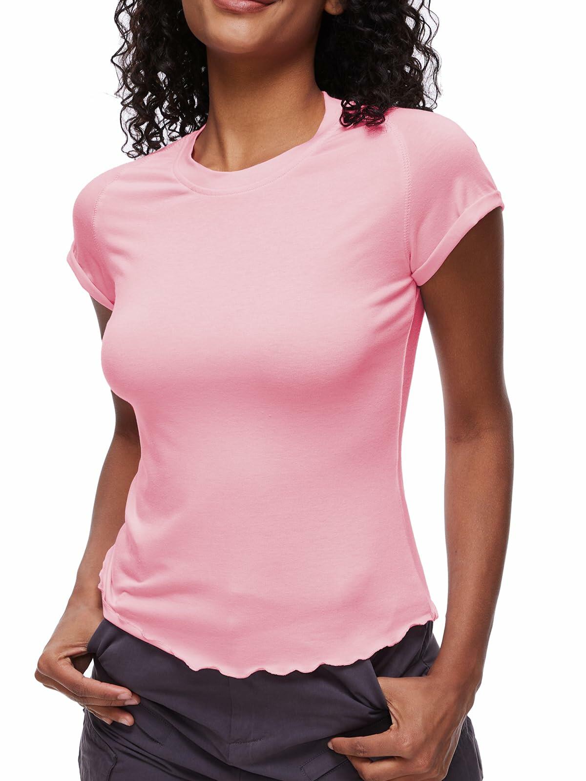 Womens Tops Short Sleeve T Shirts Round Neck Summer Fashion Clothes Y2K Pink L