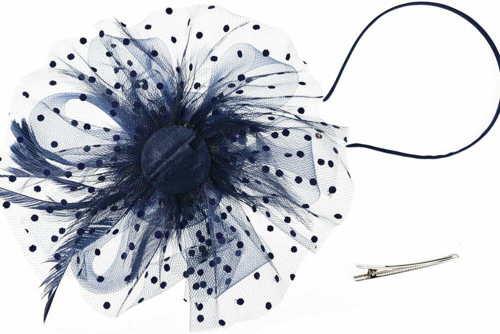 SHUERIET Women Feather Veil Floral Headband Hat Navy