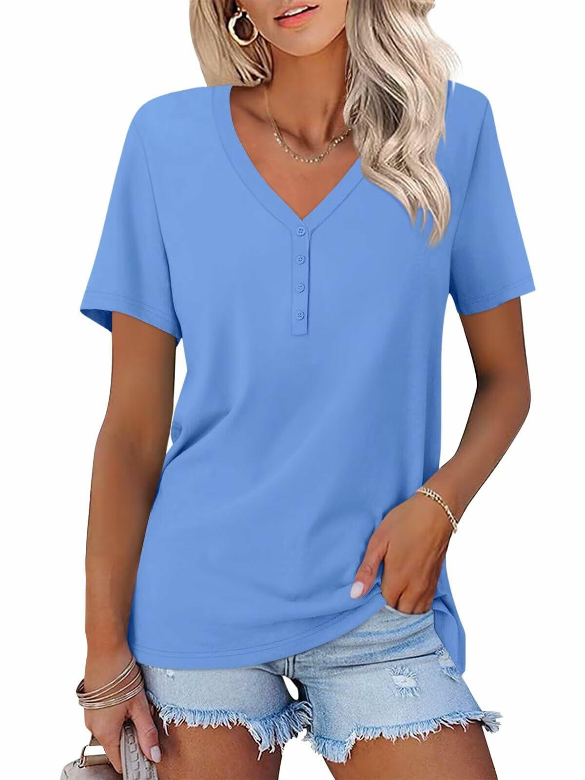 TICTICMISS Women's V Neck Short Sleeve Casual Summer Tee B-Blue