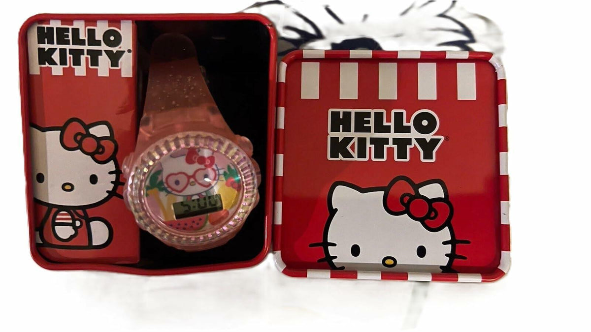 Sanrio Hello Kitty Kids LCD Watch Pink Glitter Strap Iridescent Bezel