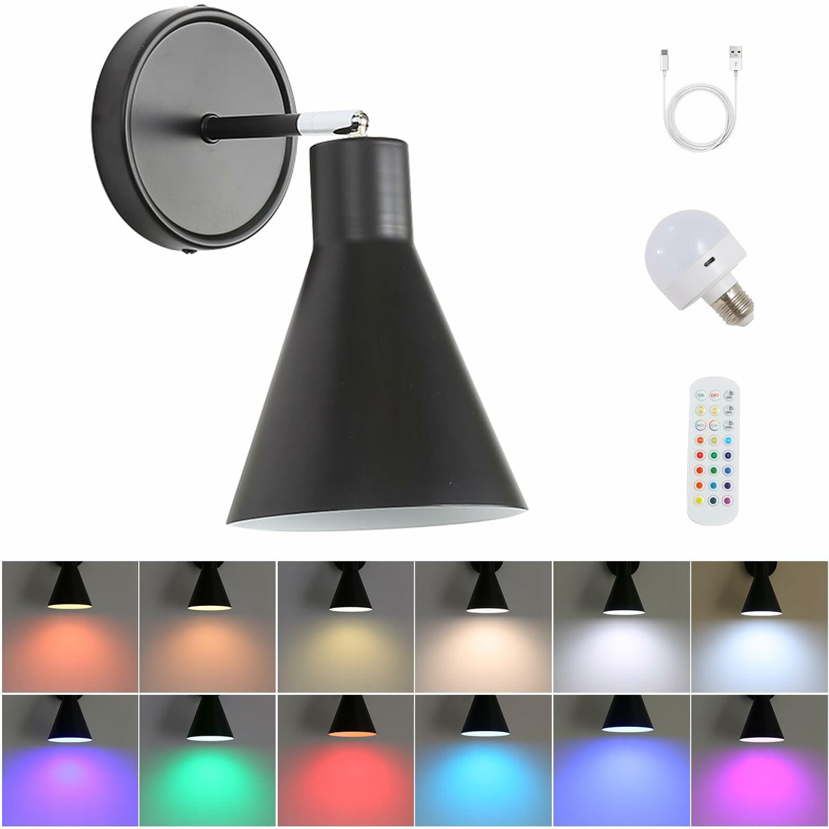 FILIMITIY Battery Operated Modern Dimmable LED RGB Wall Sconce Black