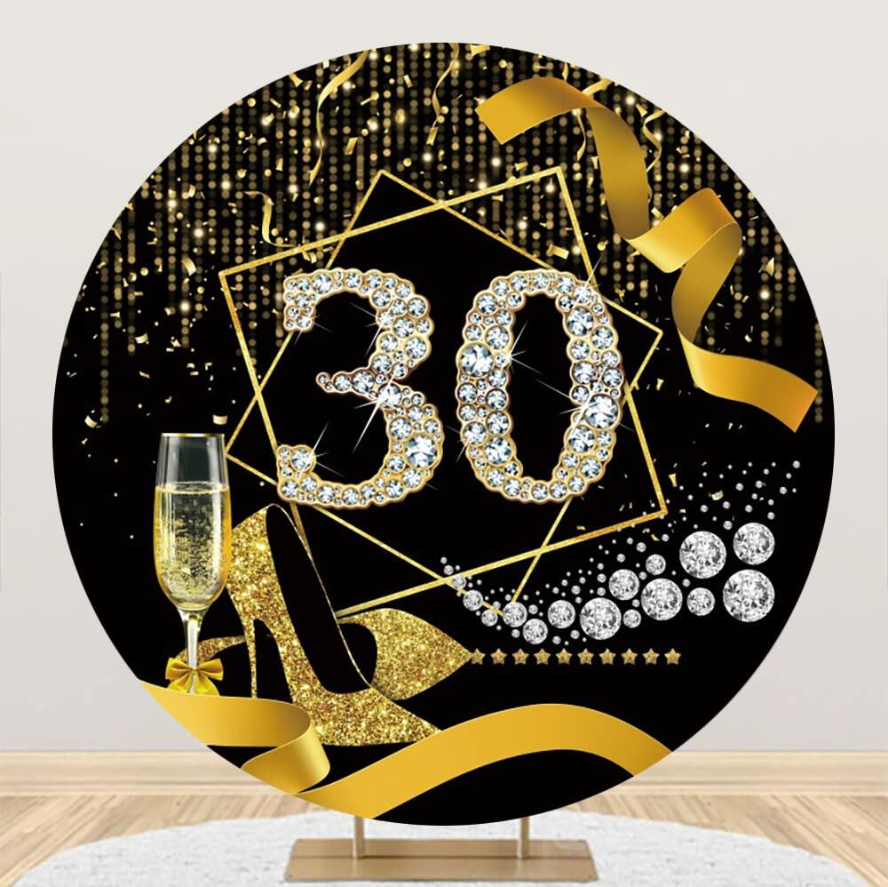 Baocicco 7.5ft 30th Birthday Round Backdrop Black Gold Glitter Ribbon