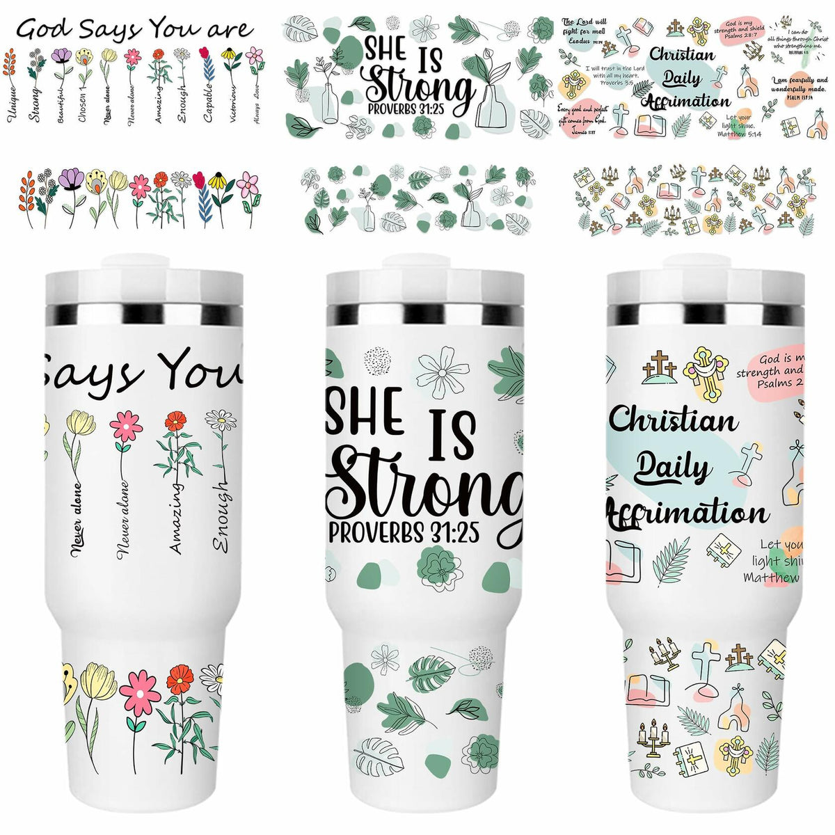 UV DTF Cup Wrap Transfer 6 Sheets Bible Verse Floral Waterproof 40oz Tumbler