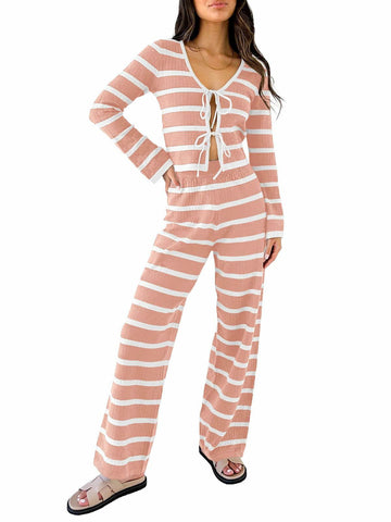 Tankaneo Womens Tie Front Striped Knit Lounge Set Pink Size S