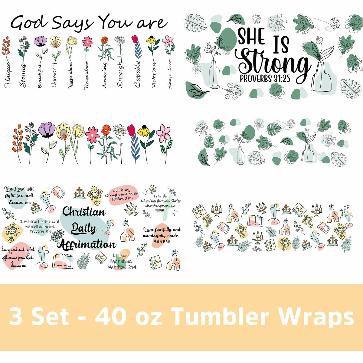 UV DTF Cup Wrap Transfer 6 Sheets Bible Verse Floral Waterproof 40oz Tumbler