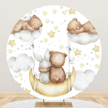 Baocicco 6ft Cartoon Bear Rabbit Round Backdrop White Clouds Watercolor