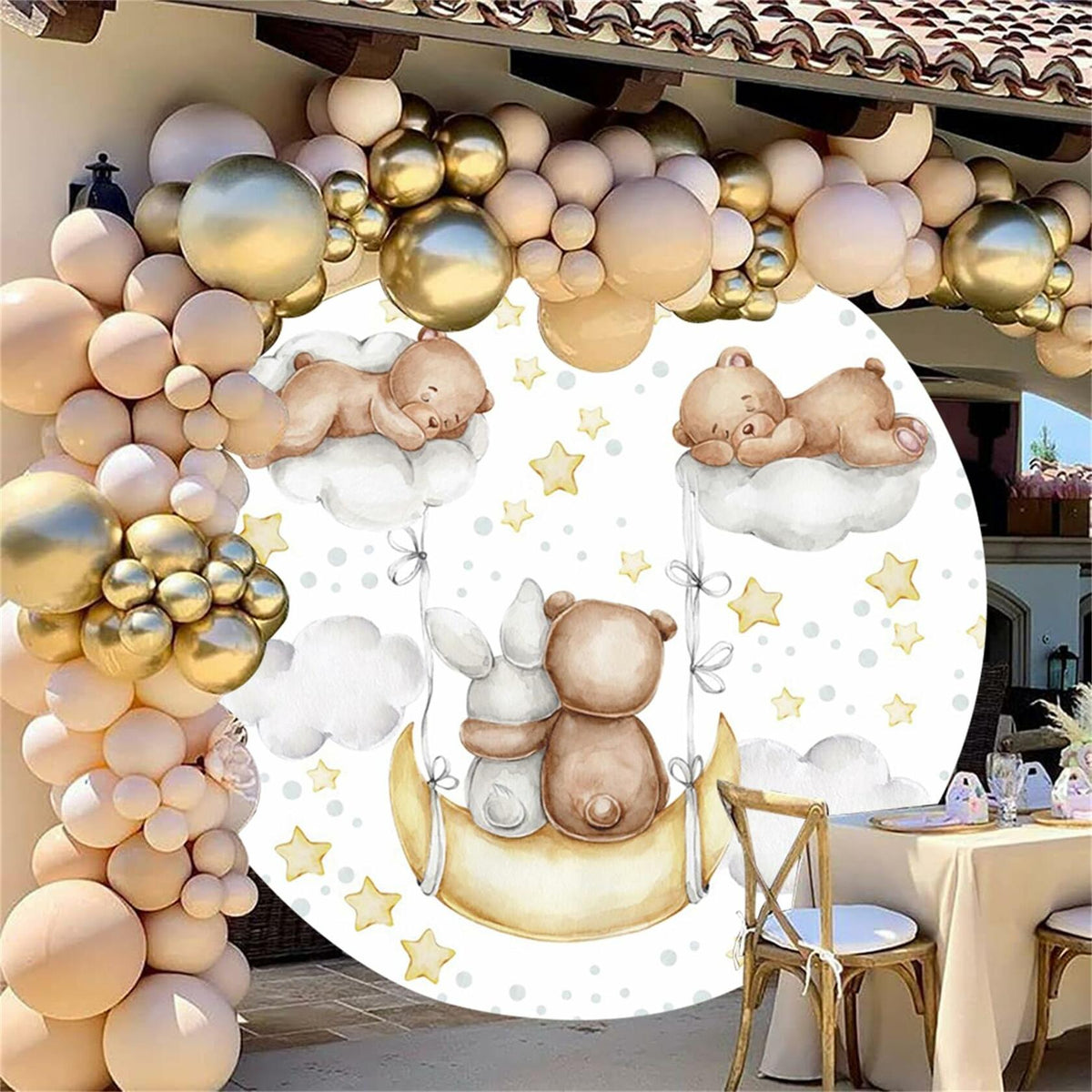 Baocicco 6ft Cartoon Bear Rabbit Round Backdrop White Clouds Watercolor