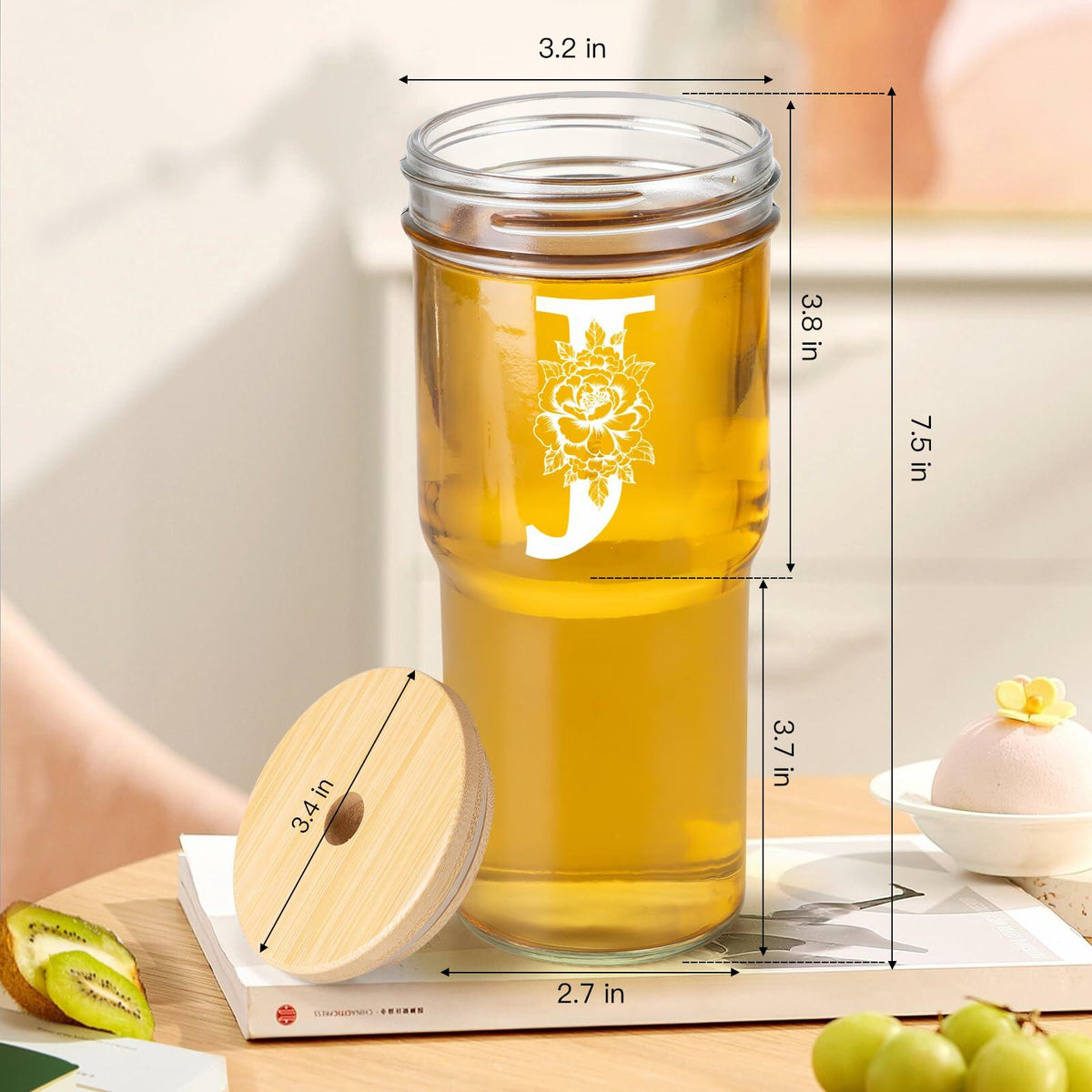 [Like New] Personalized Initial Glass Cup 24oz Tumbler w/Lid Straw Monogram Gift for Women