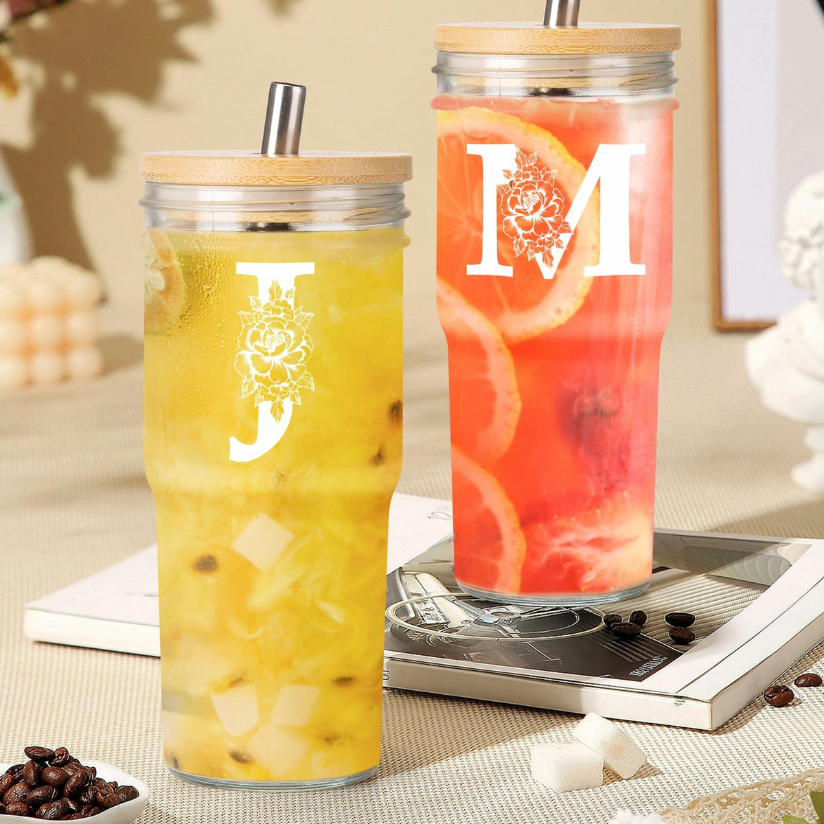 [Like New] Personalized Initial Glass Cup 24oz Tumbler w/Lid Straw Monogram Gift for Women