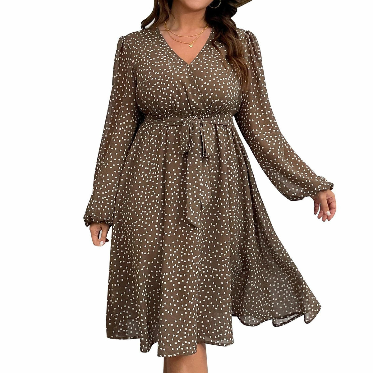 RWJ Plus Size Chiffon V Neck Swiss Dot Belt Dress Long Sleeve Coffee Size Plus
