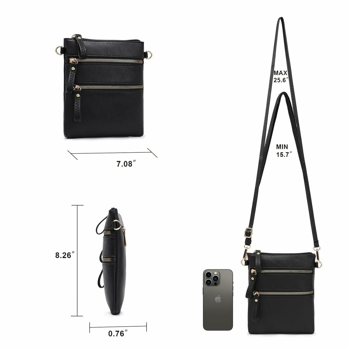 AMELIE GALANTI Small Vegan Crossbody Purse Bag Triple Zipper Black