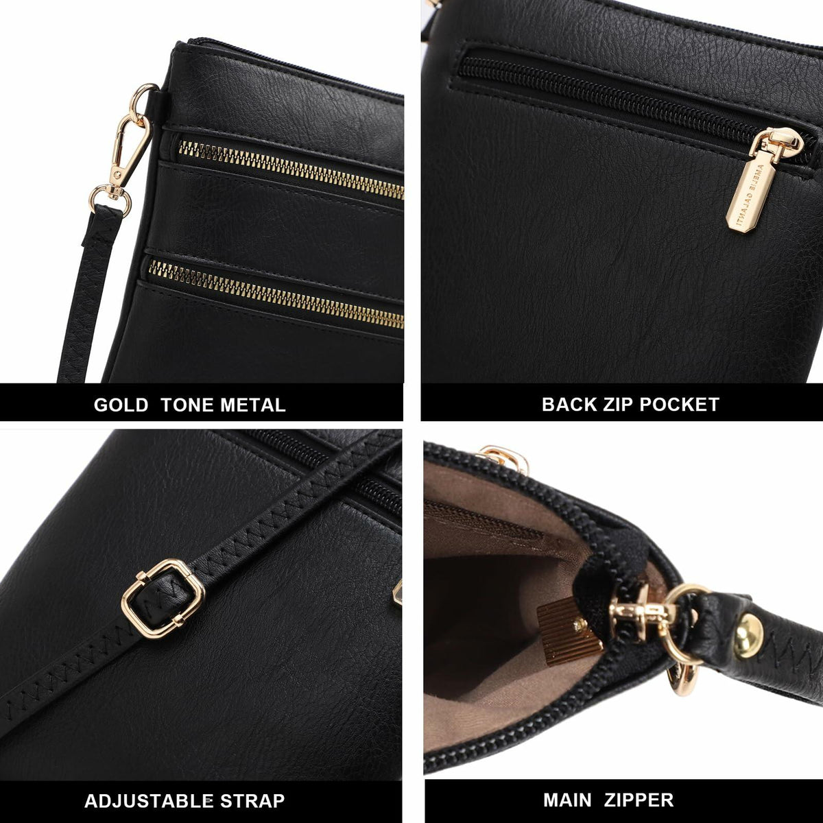 AMELIE GALANTI Small Vegan Crossbody Purse Bag Triple Zipper Black