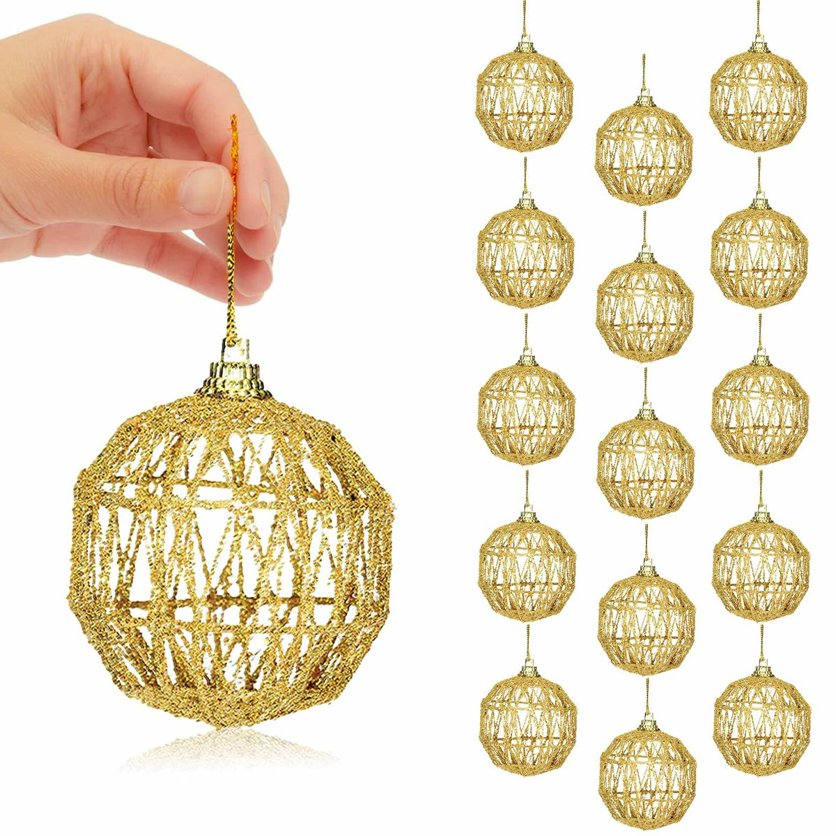 16 Golden Christmas Balls Ornaments 2.36in Gold Glitter Tree Decor