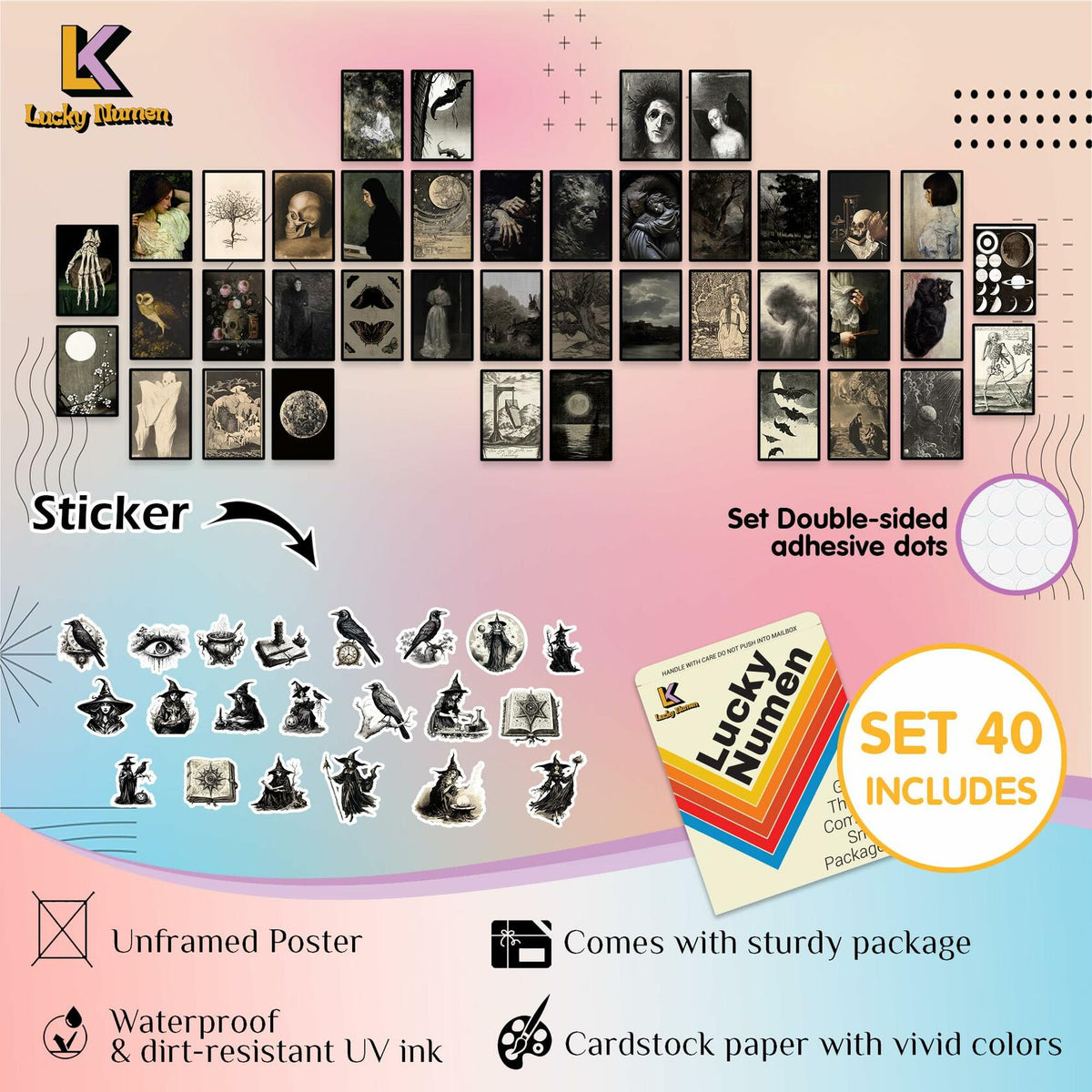 Lucky Numen Goth Posters Wall Art Vintage Aesthetic Black 40PCS