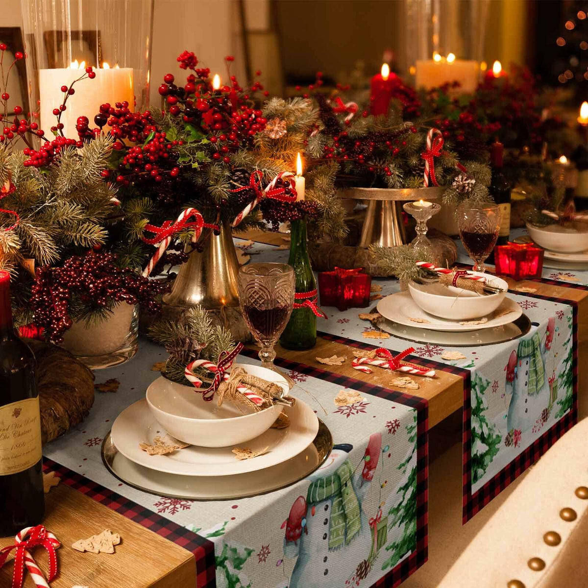 Christmas Table Runner Snowman Burlap Linen 108in Xmas Tree Snowflake Decor