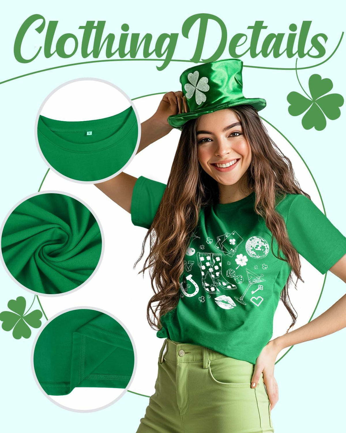 JMHACHY Women's St. Patrick's Shamrock T-Shirt Green Size S