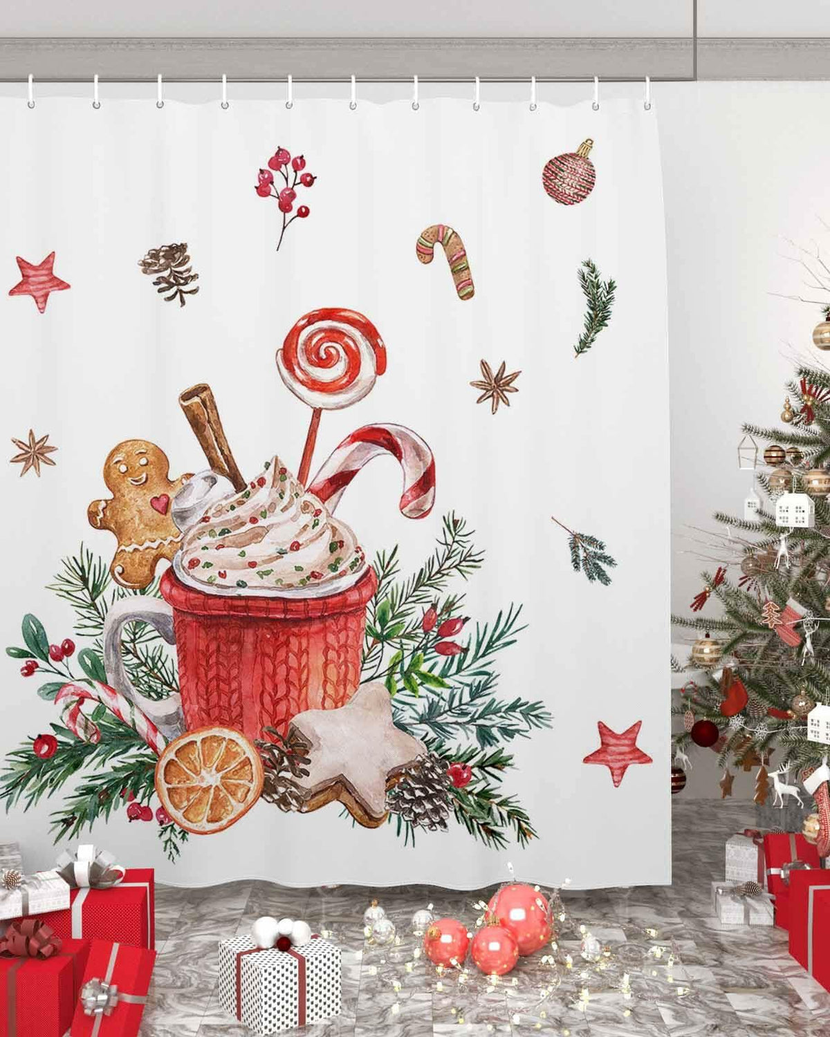 Christmas Gingerbread Man Shower Curtain Waterproof 72x72 Xmas Holiday Decor