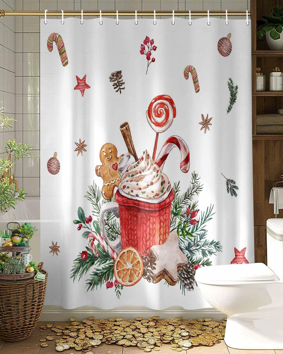 Christmas Gingerbread Man Shower Curtain Waterproof 72x72 Xmas Holiday Decor
