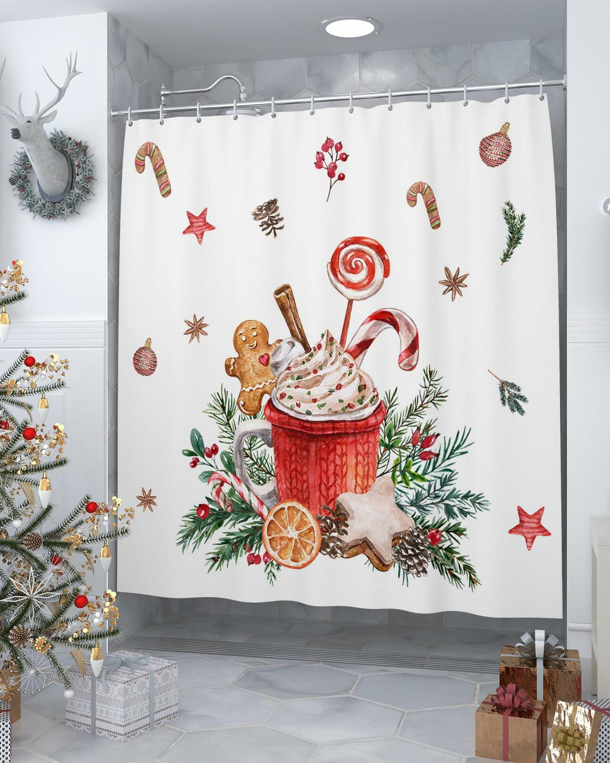 Christmas Gingerbread Man Shower Curtain Waterproof 72x72 Xmas Holiday Decor