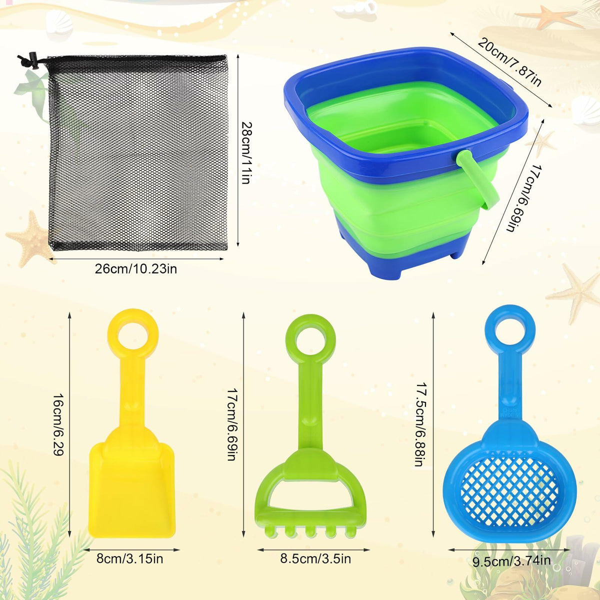 Beach Toys Set Collapsible Bucket 3 Shovels Mesh Bag Foldable Pail Toddler